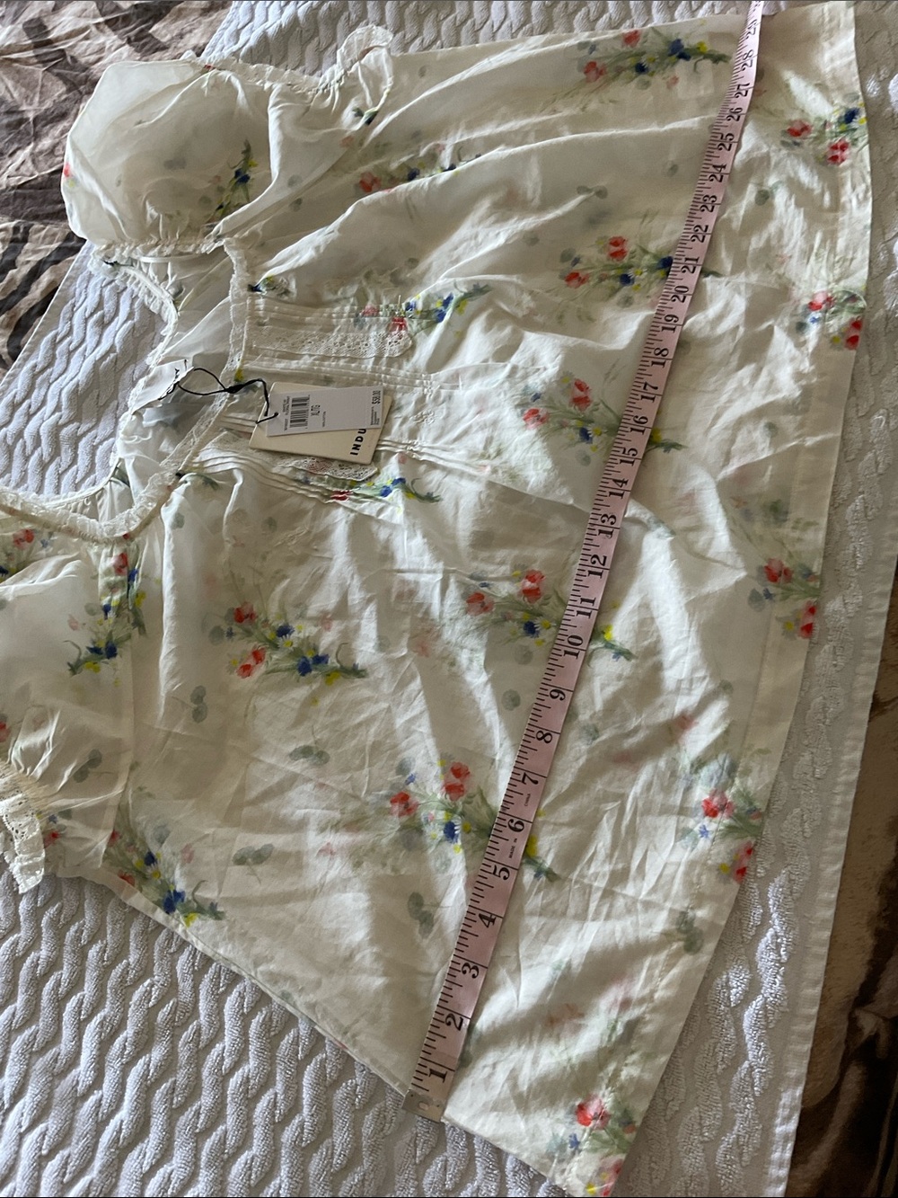 INDUSTRY Floral Puff-Sleeve Peasant Blouse with Lace Trim - Picture 8 of 8